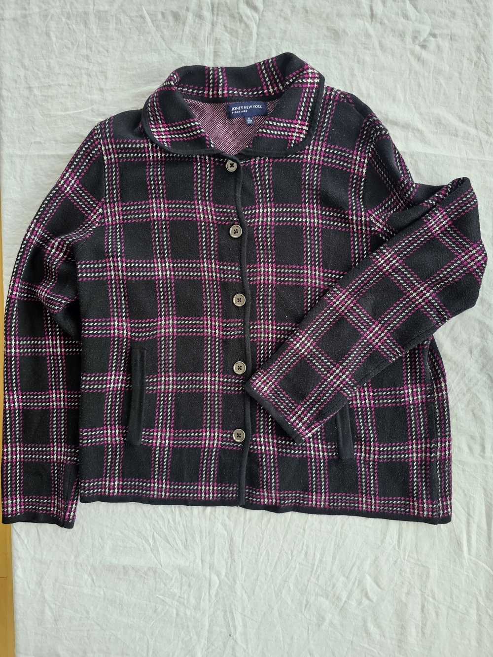 Jones New York Black & Pink Plaid Button-Front Sweater Size XL